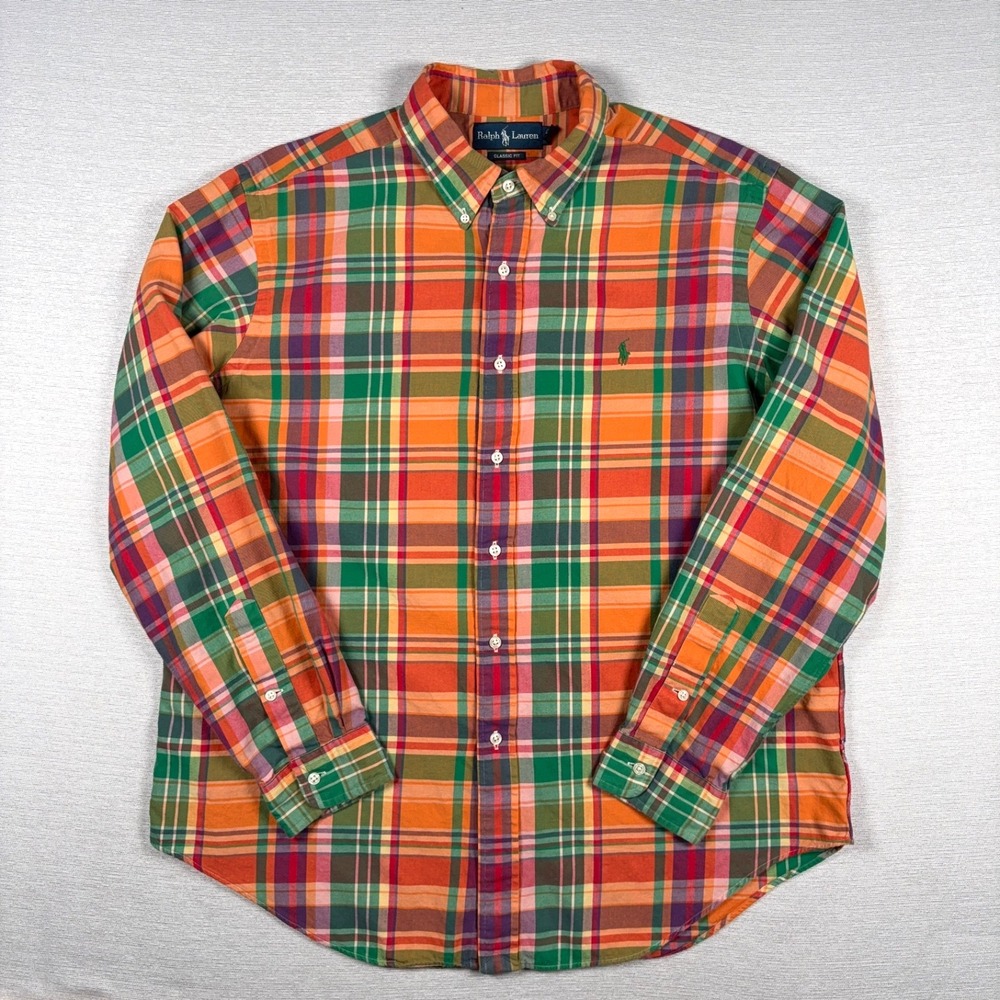 Ralph Lauren Classic Fit Shirt Mens XL Orange Green Cotton Long Sleeve Button - Picture 1 of 12